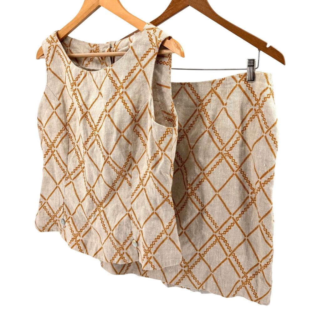 Vintage 90s Handmade Beige Mustard Yellow Linen Tribal Print Skirt Blouse Set